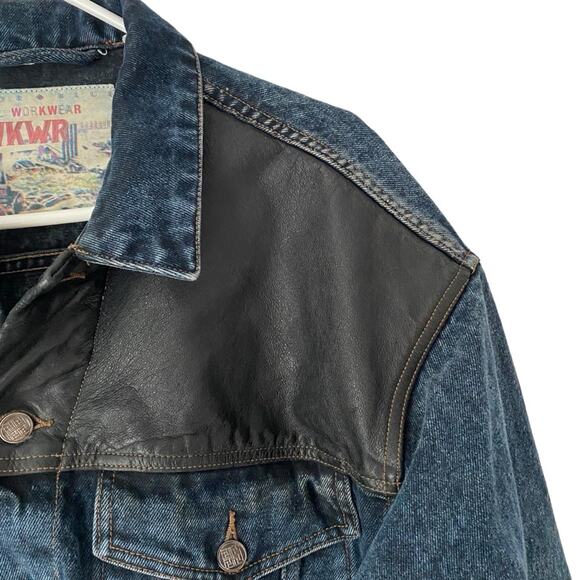 Anchor Blue Vintage Global Workwear Mens Denim Jean Leather Jacket size medium - Picture 2 of 9